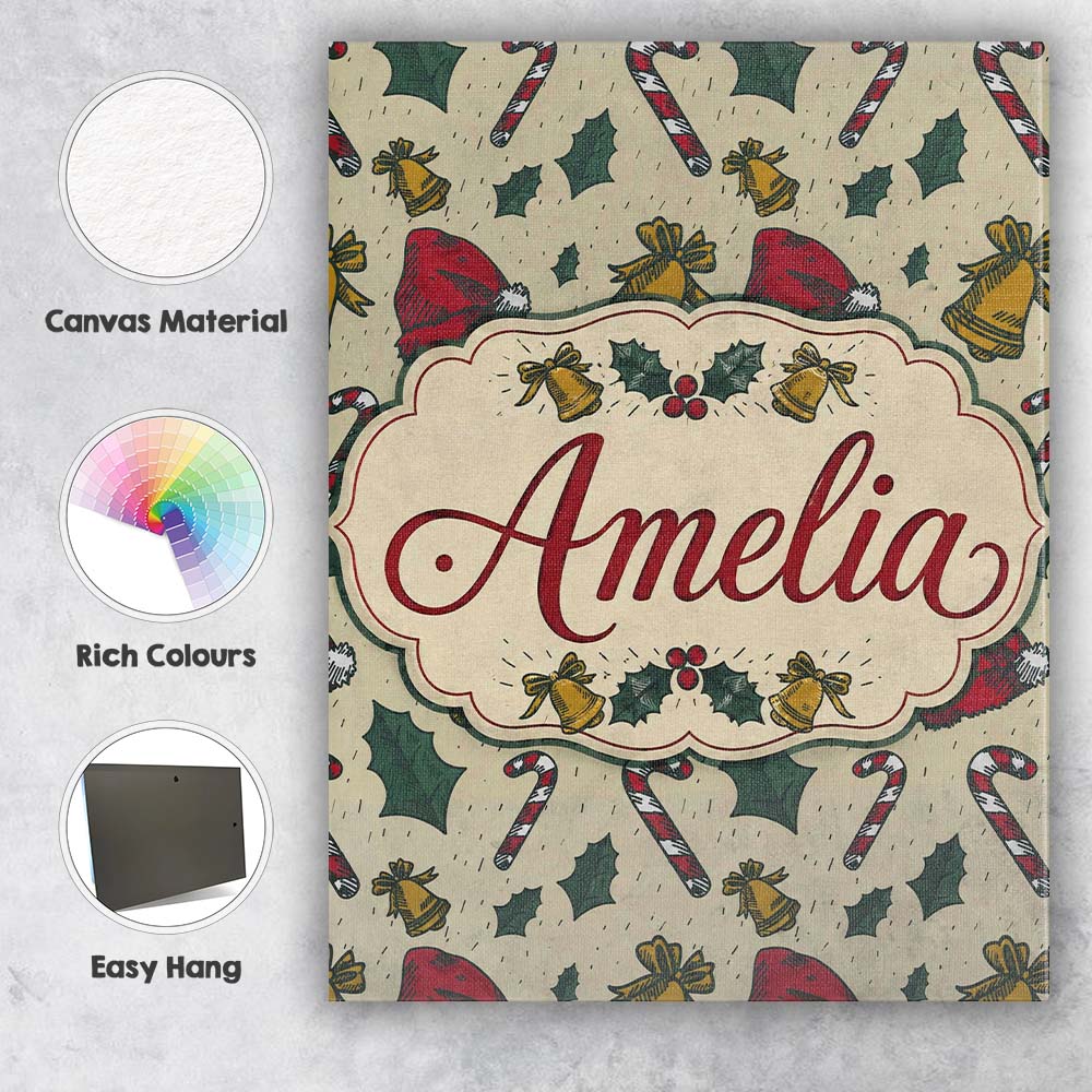 Personalised Name Christmas Candy Cane Custom  Modern Room Accent Elegant Feature Canvas Wall Art Print Decor Picture Ready to Hang