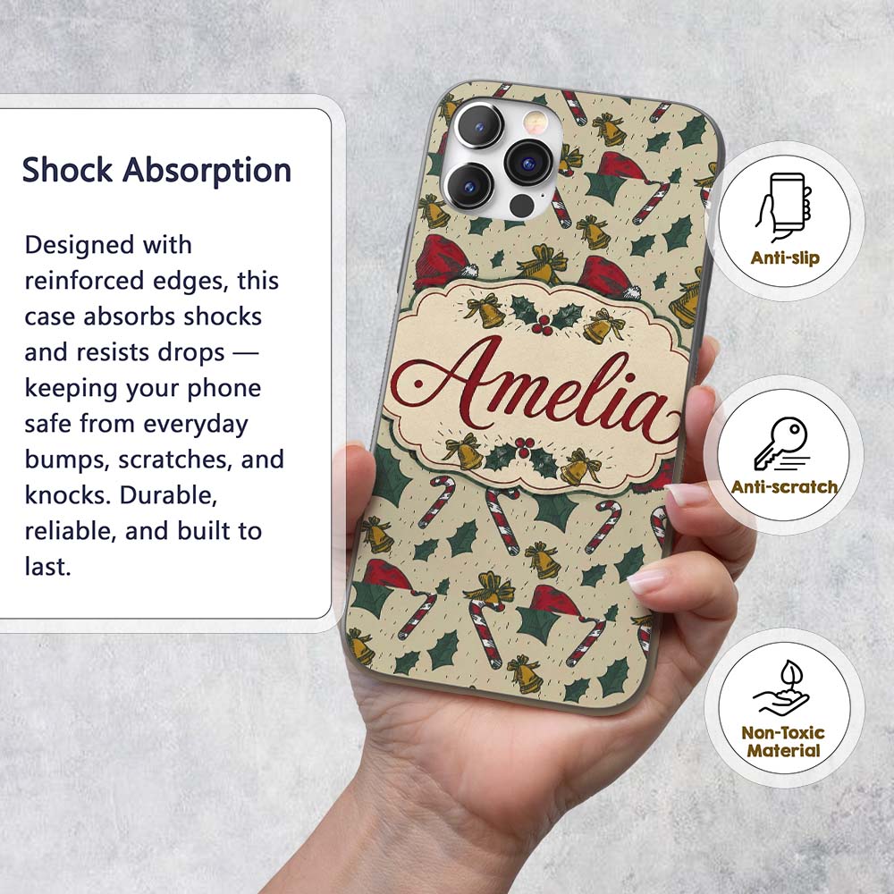 Christmas Candy Cane Bells Santa Hat Seamless Custom Name Protective Phone Case Mobile Cover Durable Everyday Smartphone Shock Resistant