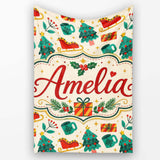 Modern Christmas Trees Sleigh Gifts Festive Seamless Pattern Lovely  Personalised Custom Name Super Soft Fleece Blanket Bed Sofa Throw