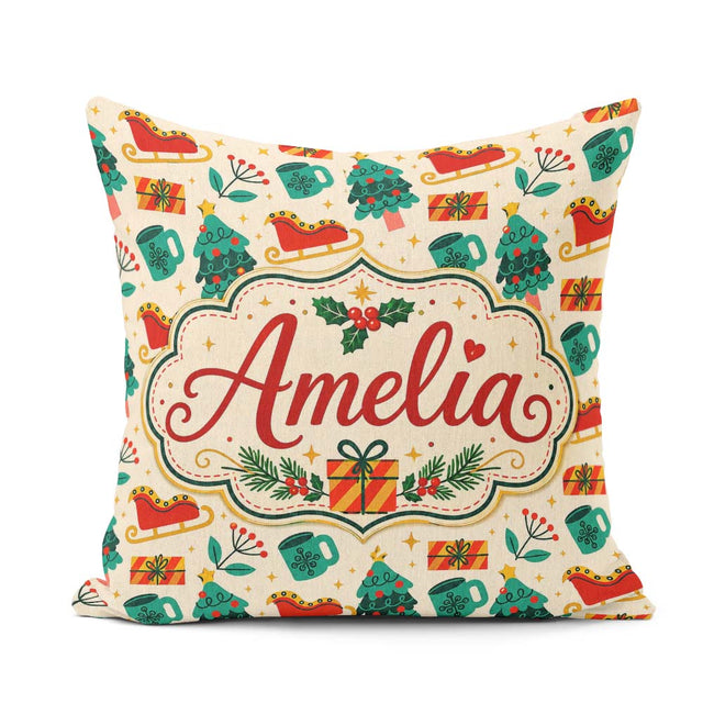 Custom Name Modern Christmas Trees Sleigh Gifts Festive Seamless Square Filled Cushion Throw Pillow Sofa Bed Home Decor Zip Washable UK Made