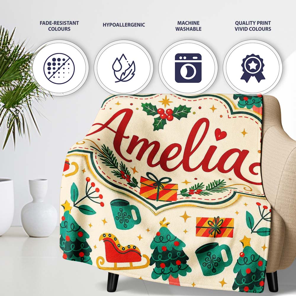 Modern Christmas Trees Sleigh Gifts Festive Seamless Pattern Lovely  Personalised Custom Name Super Soft Fleece Blanket Bed Sofa Throw