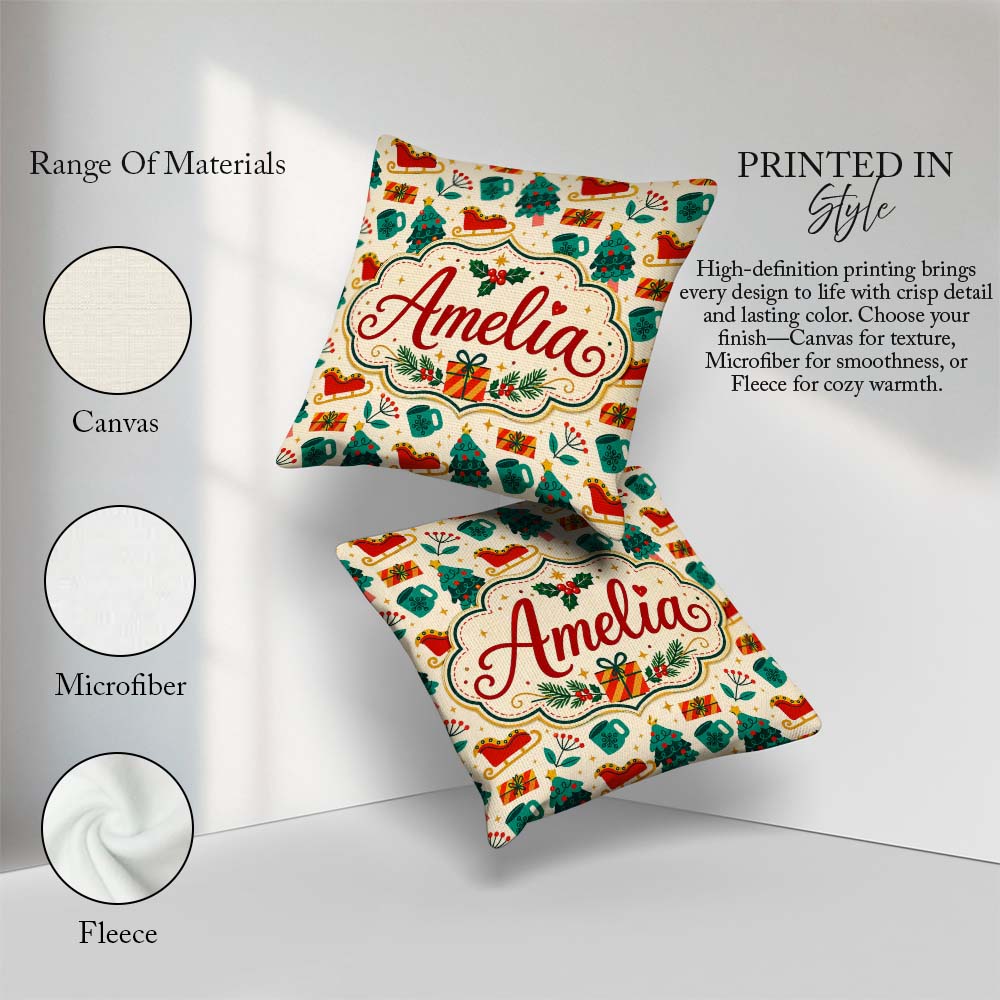 Custom Name Modern Christmas Trees Sleigh Gifts Festive Seamless Square Filled Cushion Throw Pillow Sofa Bed Home Decor Zip Washable UK Made