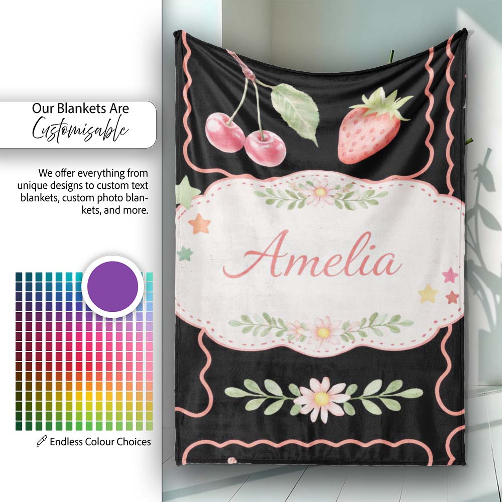 Strawberry Cherry Bow Seamless Pattern Pink Cute Coquette Design  Personalised Custom Name Super Soft Fleece Blanket Bed Sofa Throw