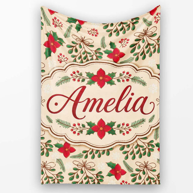 Festive Christmas Bows Holly Flowers Elegant Seamless Pattern Lovely  Personalised Custom Name Super Soft Fleece Blanket Bed Sofa Throw