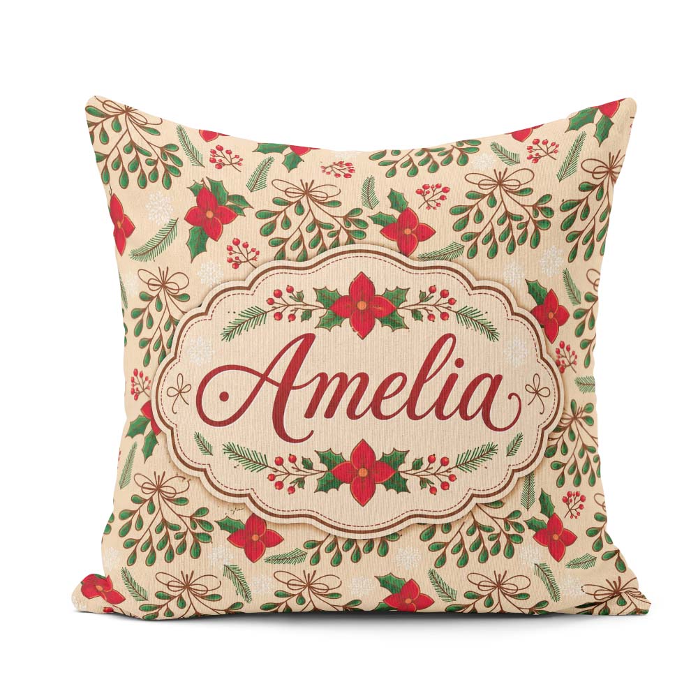 Custom Name Festive Christmas Bows Holly Flowers Elegant Pattern Square Filled Cushion Throw Pillow Sofa Bed Home Decor Zip Washable UK Made