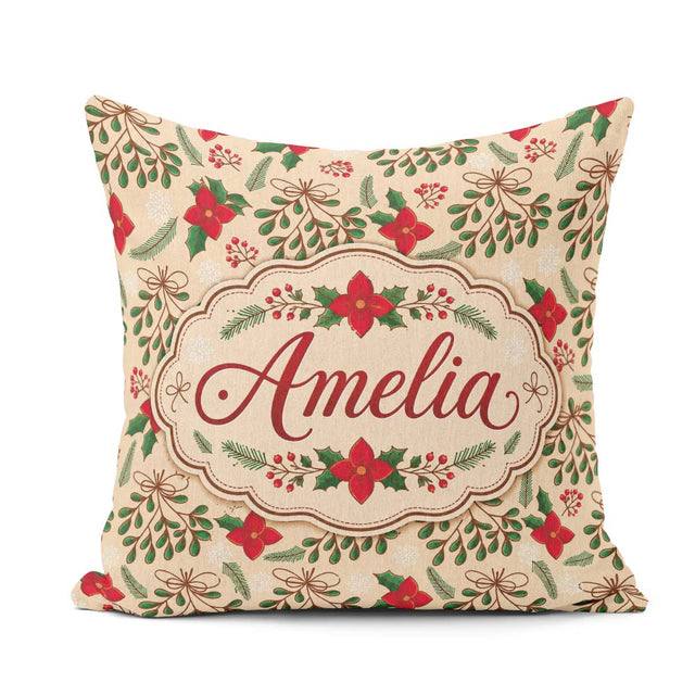 Custom Name Festive Christmas Bows Holly Flowers Elegant Pattern Square Filled Cushion Throw Pillow Sofa Bed Home Decor Zip Washable UK Made