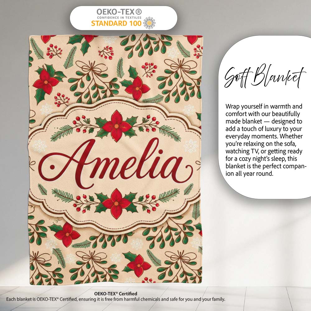 Festive Christmas Bows Holly Flowers Elegant Seamless Pattern Lovely  Personalised Custom Name Super Soft Fleece Blanket Bed Sofa Throw