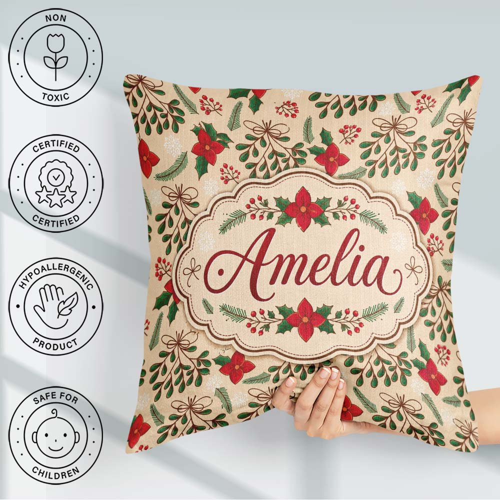 Custom Name Festive Christmas Bows Holly Flowers Elegant Pattern Square Filled Cushion Throw Pillow Sofa Bed Home Decor Zip Washable UK Made