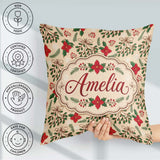 Custom Name Festive Christmas Bows Holly Flowers Elegant Pattern Square Filled Cushion Throw Pillow Sofa Bed Home Decor Zip Washable UK Made