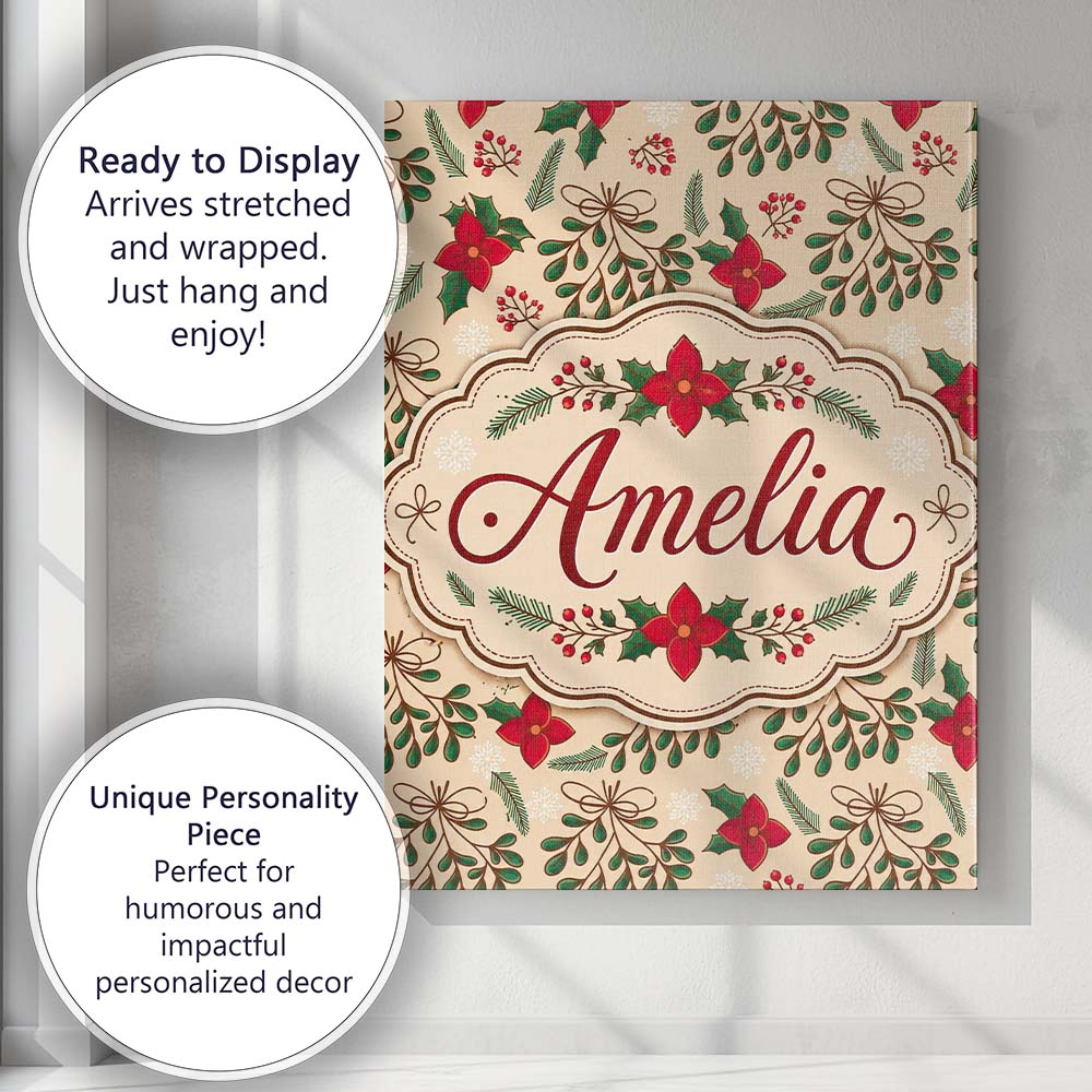 Personalised Name Festive Christmas Bows Custom  Unique Gift Idea Elegant Feature Canvas Wall Art Print Decor Picture Ready to Hang