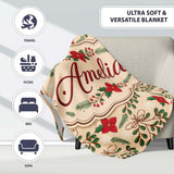 Festive Christmas Bows Holly Flowers Elegant Seamless Pattern Lovely  Personalised Custom Name Super Soft Fleece Blanket Bed Sofa Throw