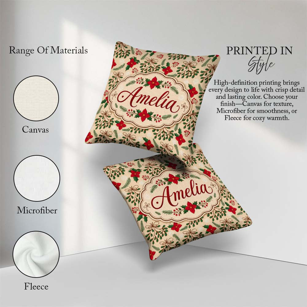Custom Name Festive Christmas Bows Holly Flowers Elegant Pattern Square Filled Cushion Throw Pillow Sofa Bed Home Decor Zip Washable UK Made