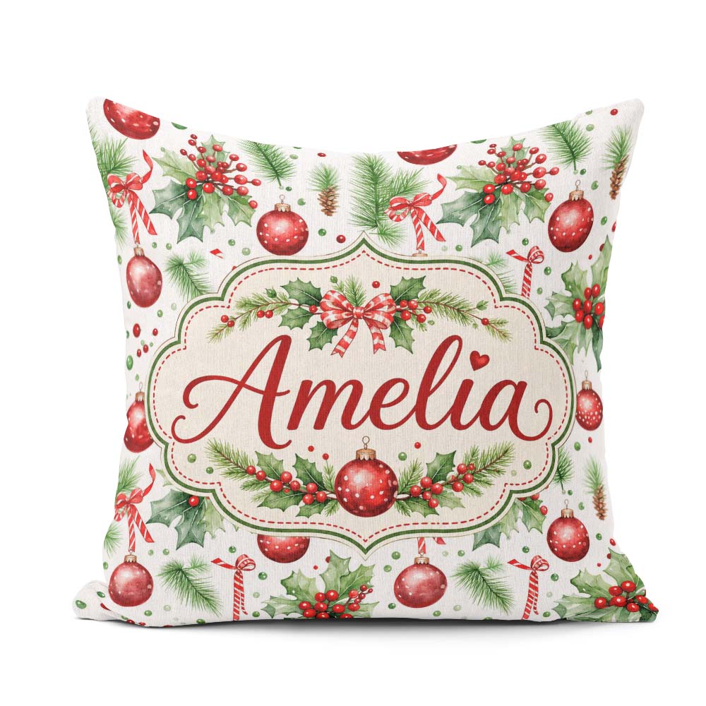 Custom Name Watercolor Christmas Baubles Holly Branches Seamless Square Filled Cushion Throw Pillow Sofa Bed Home Decor Zip Washable UK Made