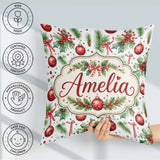 Custom Name Watercolor Christmas Baubles Holly Branches Seamless Square Filled Cushion Throw Pillow Sofa Bed Home Decor Zip Washable UK Made