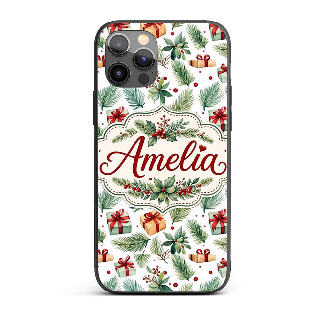 Watercolor Christmas Gifts Pine Branches Holly Custom Name Protective Phone Case Mobile Cover Durable Everyday Smartphone Shock Resistant