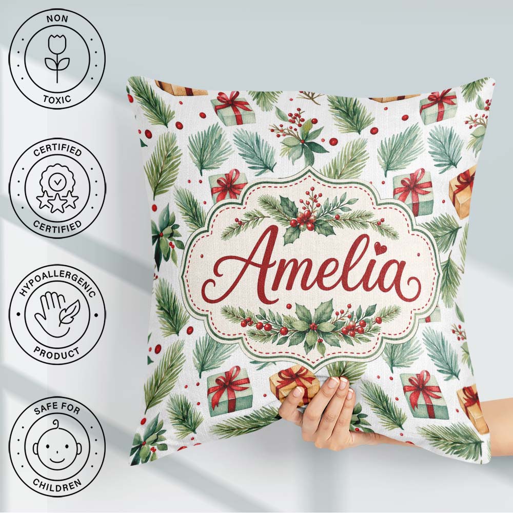 Custom Name Christmas Gifts Pine Branches Holly Berries Seamless Square Filled Cushion Throw Pillow Sofa Bed Home Decor Zip Washable UK Made