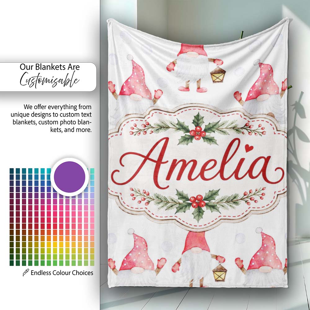 Cute Christmas Gnome Red Hat Lantern Snow Dots Seamless Pattern  Personalised Custom Name Super Soft Fleece Blanket Bed Sofa Throw