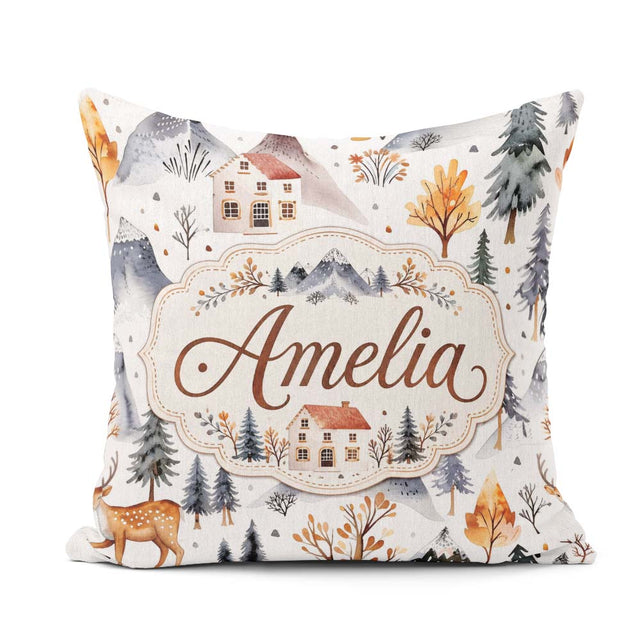 Custom Name Watercolor Winter Landscape Mountains Trees Seamless Square Filled Cushion Throw Pillow Sofa Bed Home Decor Zip Washable UK Made