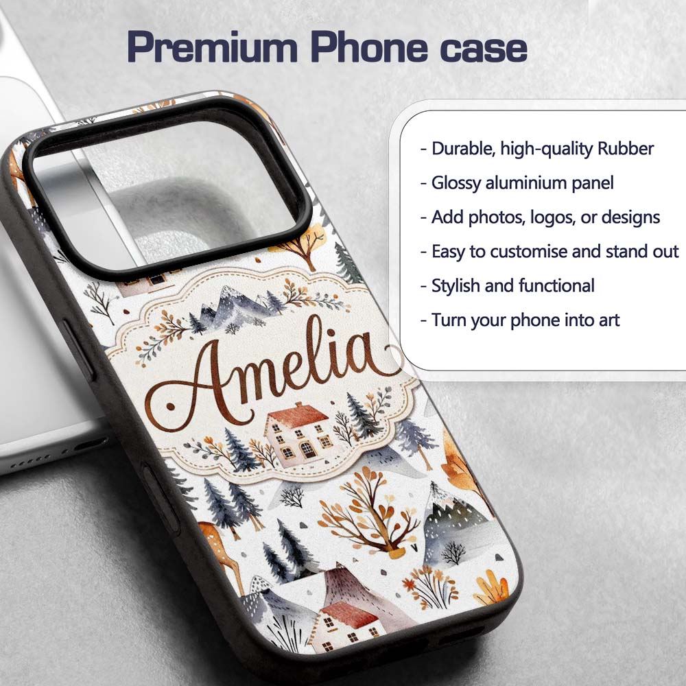 Watercolor Winter Landscape Houses Mountains Custom Name Protective Phone Case Mobile Cover Durable Everyday Smartphone Shock Resistant