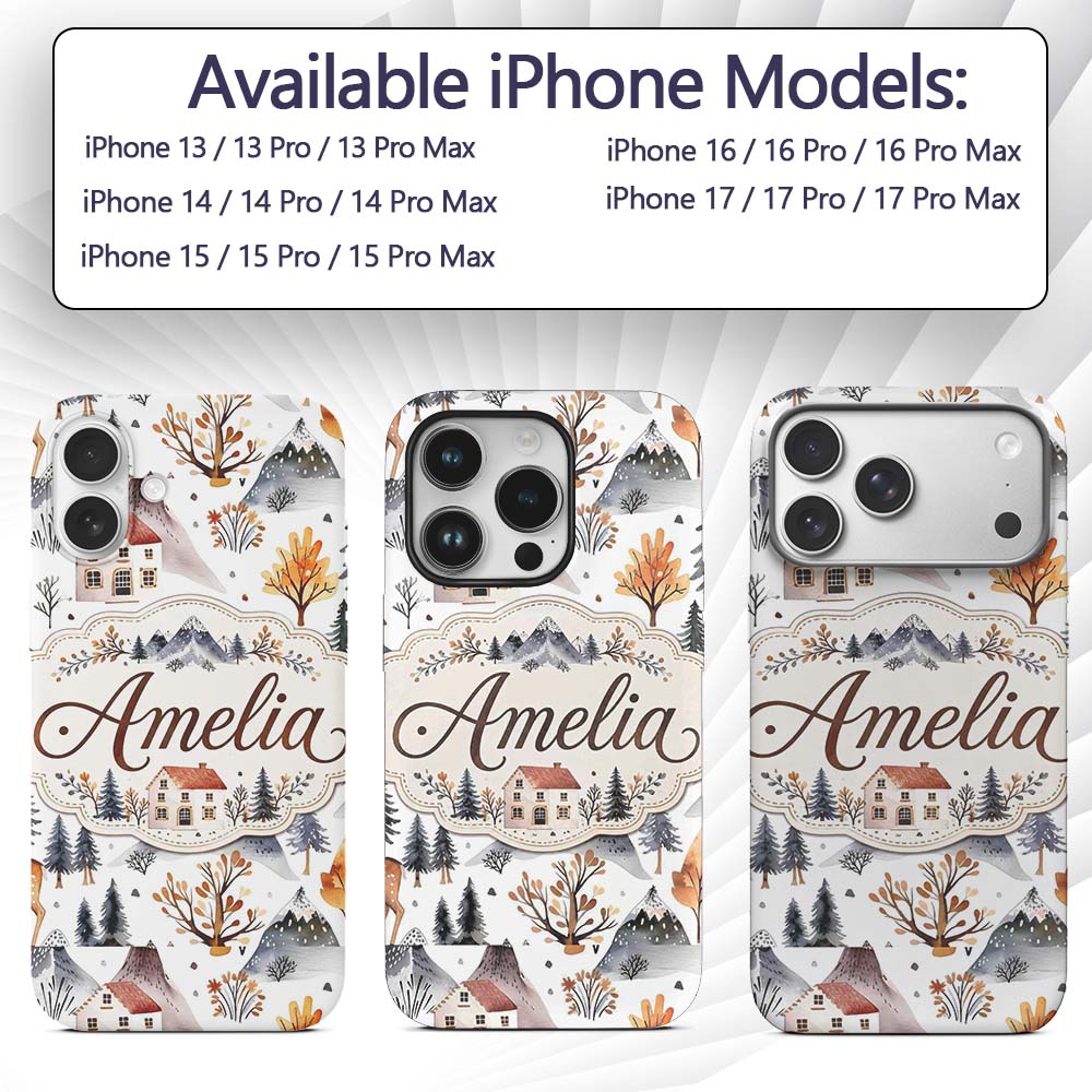 Watercolor Winter Landscape Houses Mountains Custom Name Protective Phone Case Mobile Cover Durable Everyday Smartphone Shock Resistant