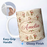 Personalized Custom Name Rustic Santa Claus Script Text Christmas Tree Seamless Pattern 11oz Ceramic Coffee Tea Mug White Large Handle