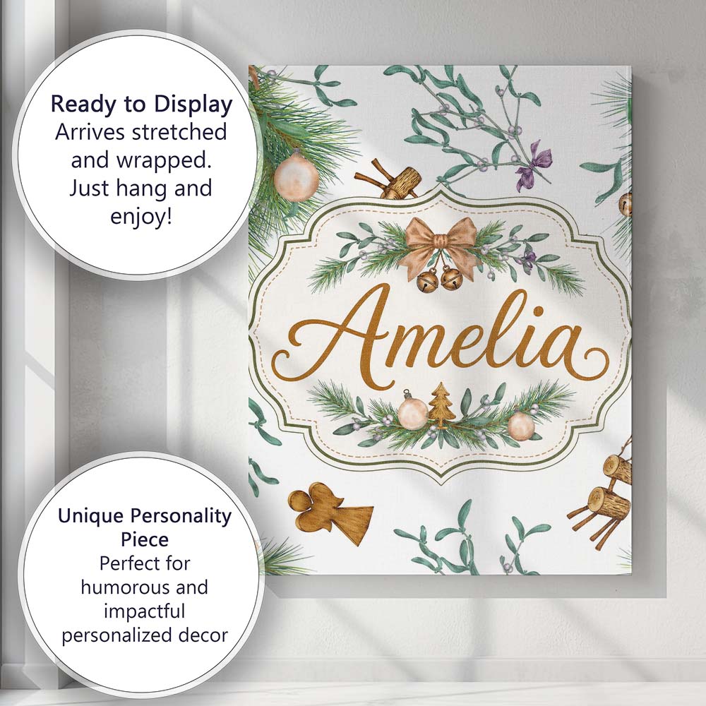 Personalised Name Elegant Christmas Pine Custom  Interior Decorative Contemporary Canvas Wall Art Print Decor Picture Ready to Hang