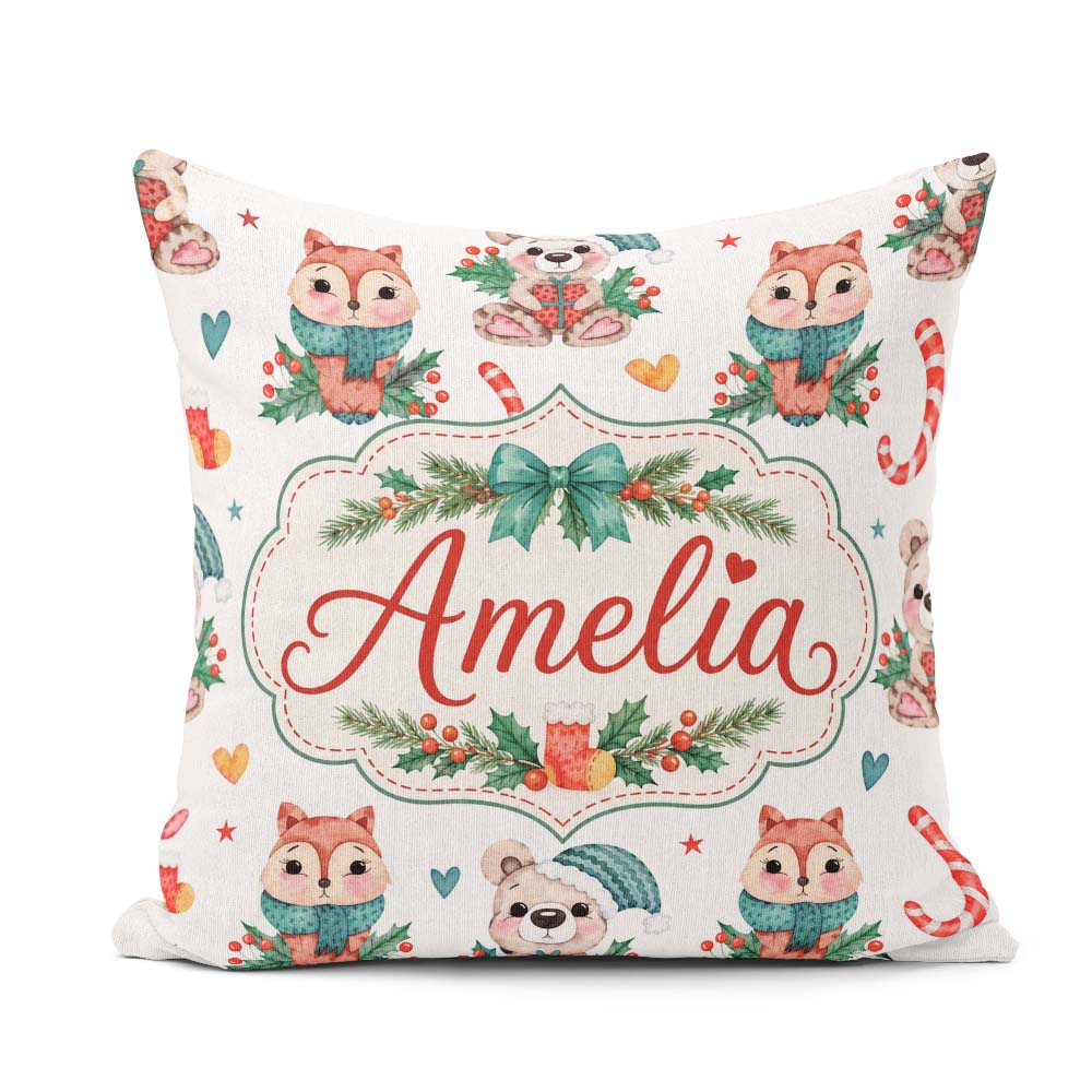 Custom Name Woodland Animals Bear Fox Christmas Seamless Pattern Square Filled Cushion Throw Pillow Sofa Bed Home Decor Zip Washable UK Made