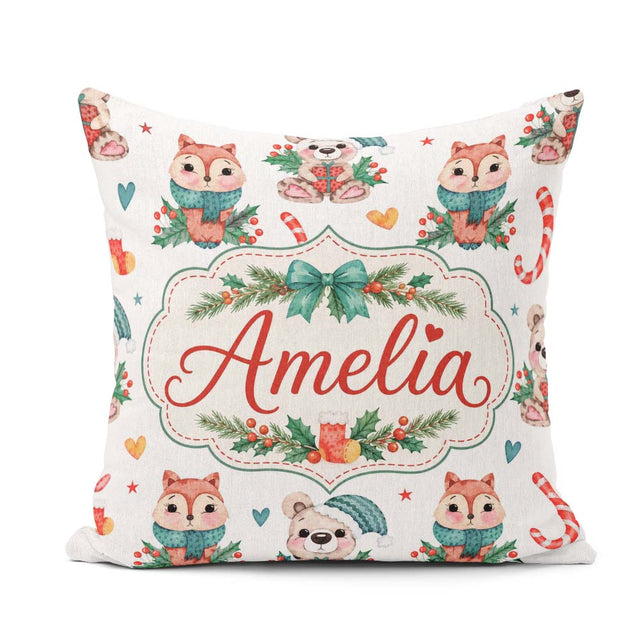 Custom Name Woodland Animals Bear Fox Christmas Seamless Pattern Square Filled Cushion Throw Pillow Sofa Bed Home Decor Zip Washable UK Made