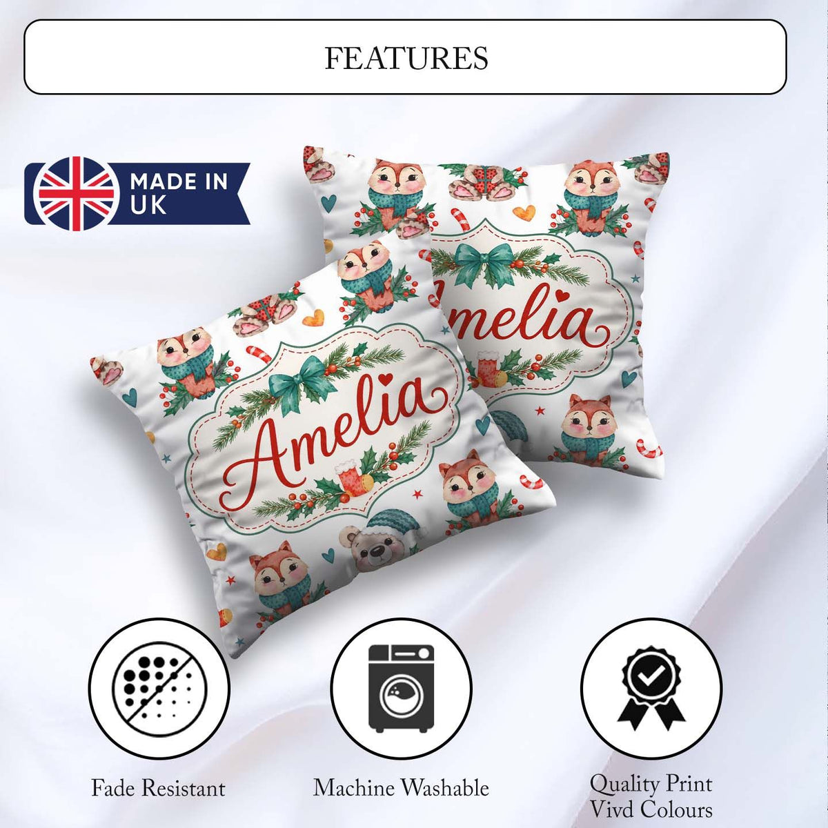 Custom Name Woodland Animals Bear Fox Christmas Seamless Pattern Square Filled Cushion Throw Pillow Sofa Bed Home Decor Zip Washable UK Made