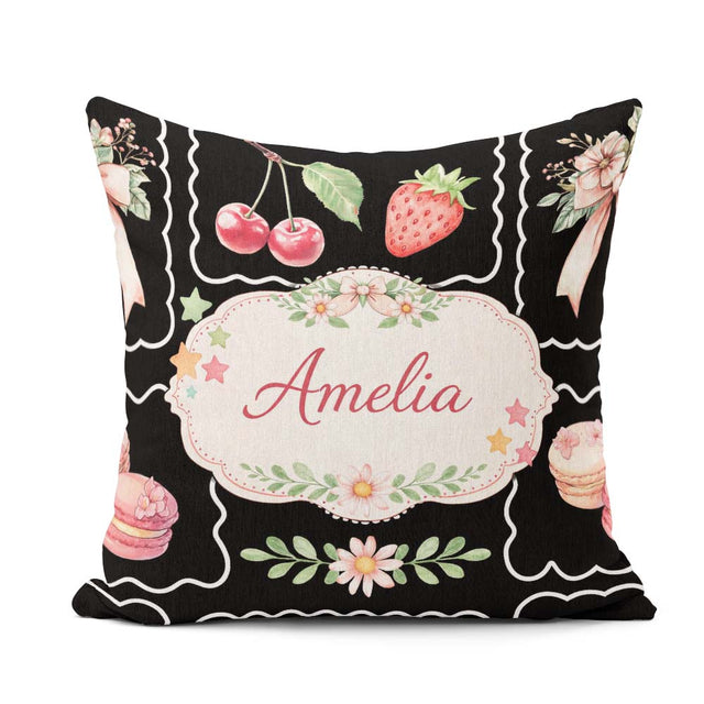 Custom Name Strawberry Cherry Bow Seamless White Coquette Kawaii Square Filled Cushion Throw Pillow Sofa Bed Home Decor Zip Washable UK Made