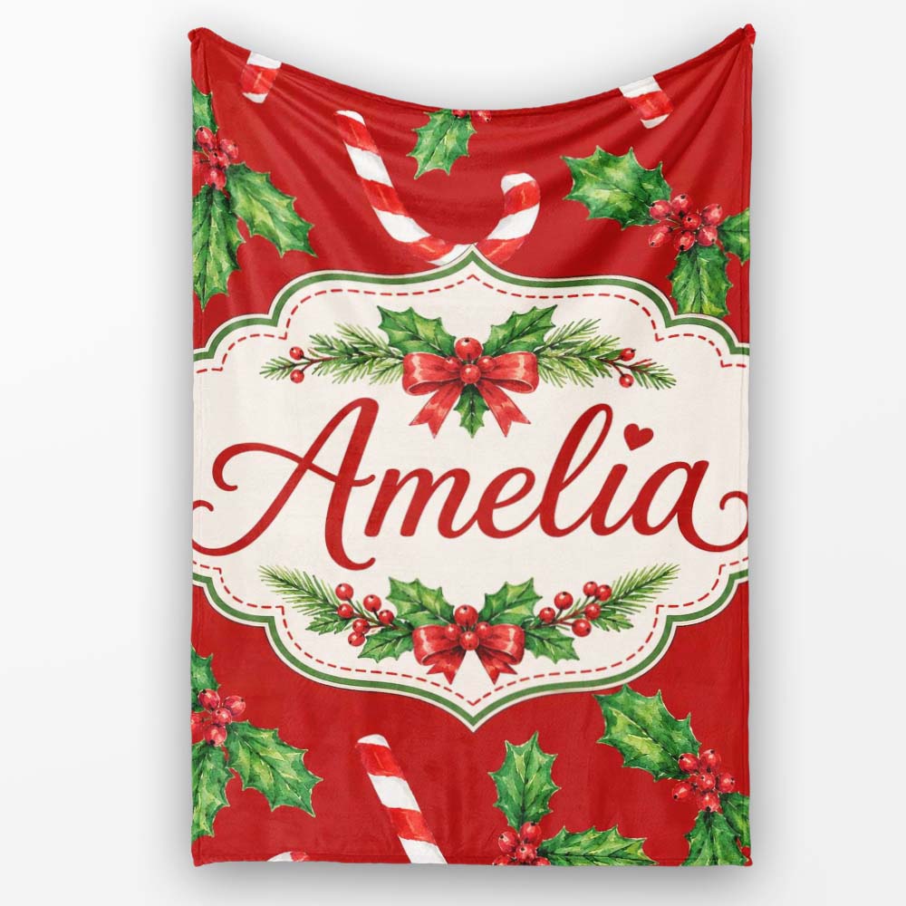 Festive Candy Cane Holly Red Background Seamless Pattern Lovely  Personalised Custom Name Super Soft Fleece Blanket Bed Sofa Throw