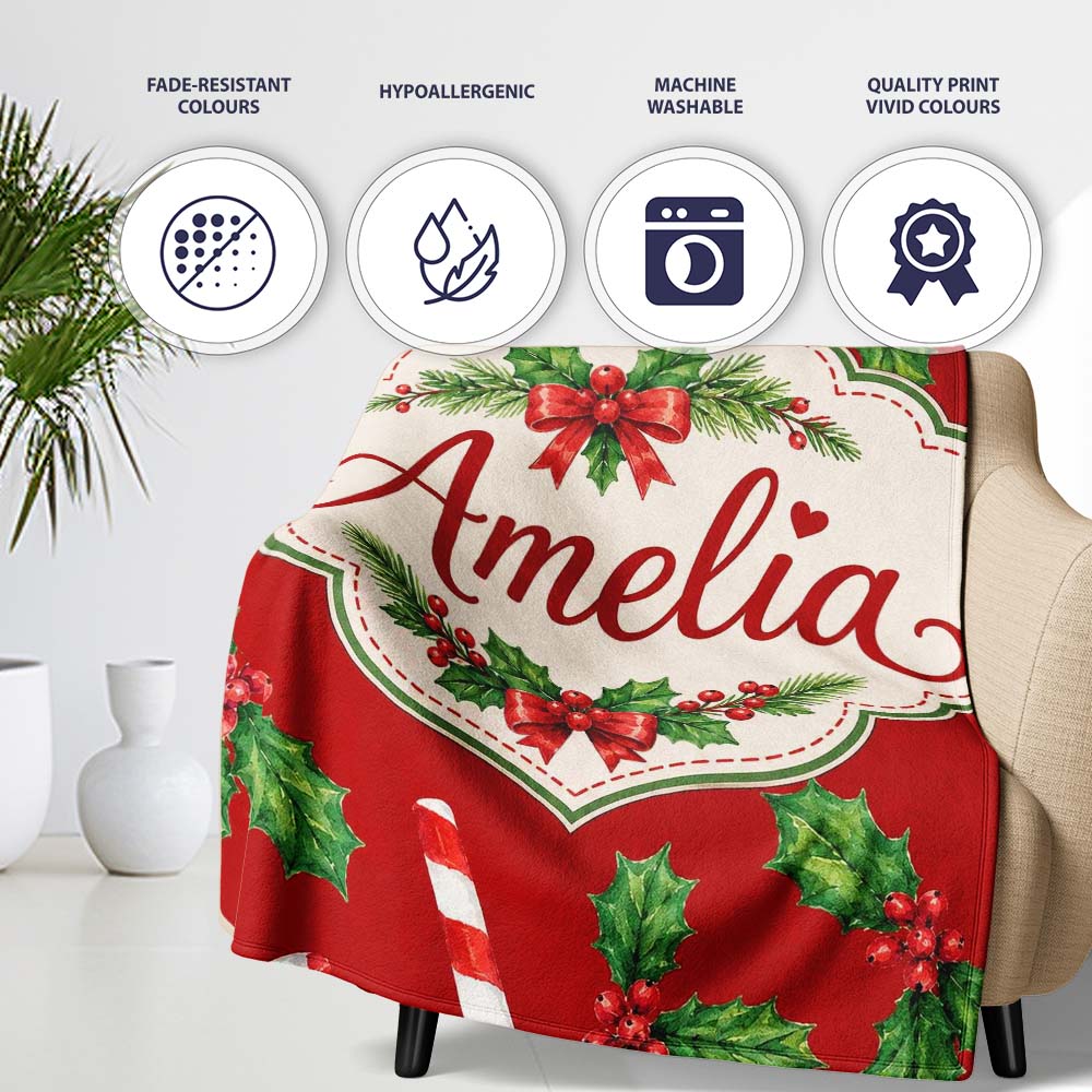 Festive Candy Cane Holly Red Background Seamless Pattern Lovely  Personalised Custom Name Super Soft Fleece Blanket Bed Sofa Throw