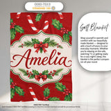 Festive Candy Cane Holly Red Background Seamless Pattern Lovely  Personalised Custom Name Super Soft Fleece Blanket Bed Sofa Throw