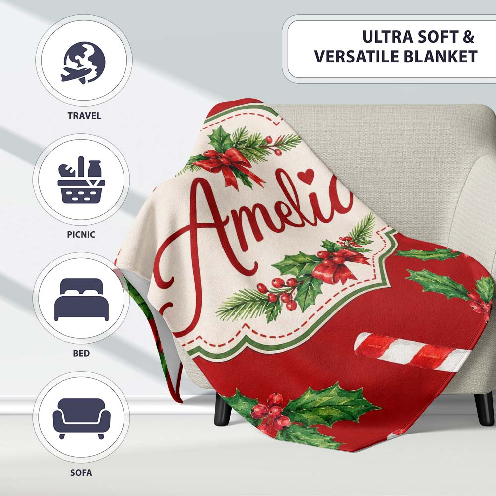 Festive Candy Cane Holly Red Background Seamless Pattern Lovely  Personalised Custom Name Super Soft Fleece Blanket Bed Sofa Throw