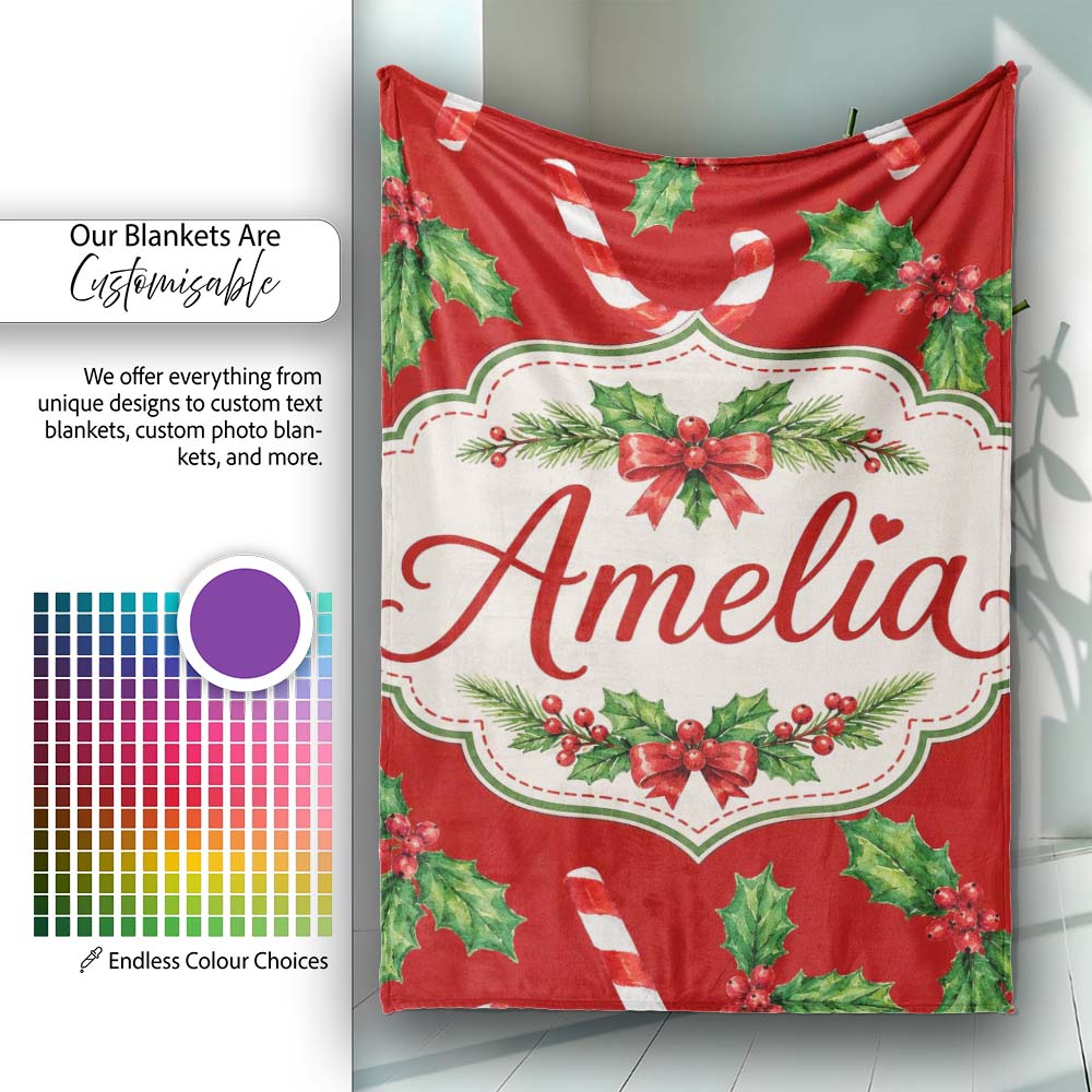 Festive Candy Cane Holly Red Background Seamless Pattern Lovely  Personalised Custom Name Super Soft Fleece Blanket Bed Sofa Throw