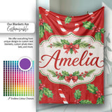 Festive Candy Cane Holly Red Background Seamless Pattern Lovely  Personalised Custom Name Super Soft Fleece Blanket Bed Sofa Throw