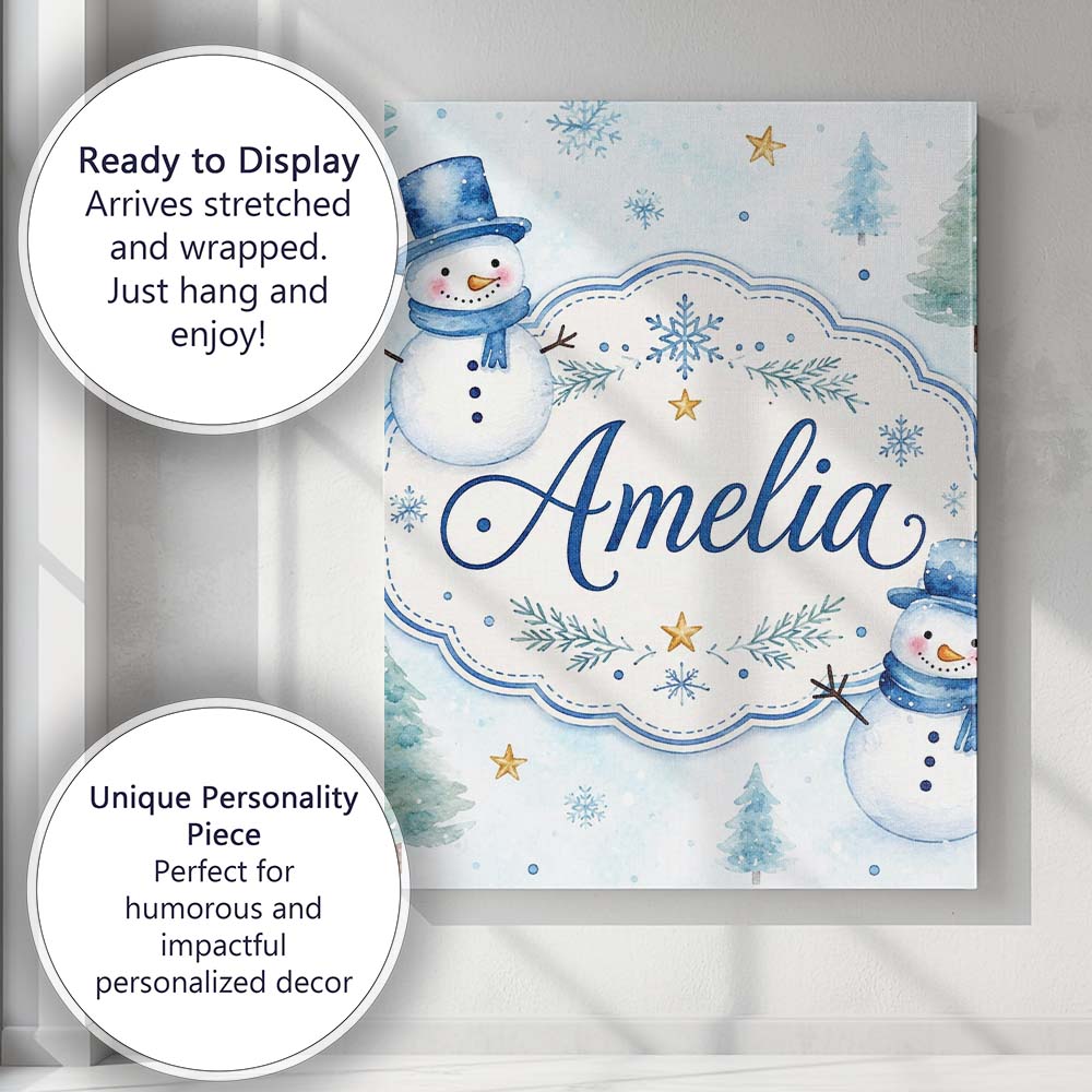 Personalised Name Cute Snowman Winter Trees Custom  Bespoke Interior Contemporary Canvas Wall Art Print Decor Picture Ready to Hang