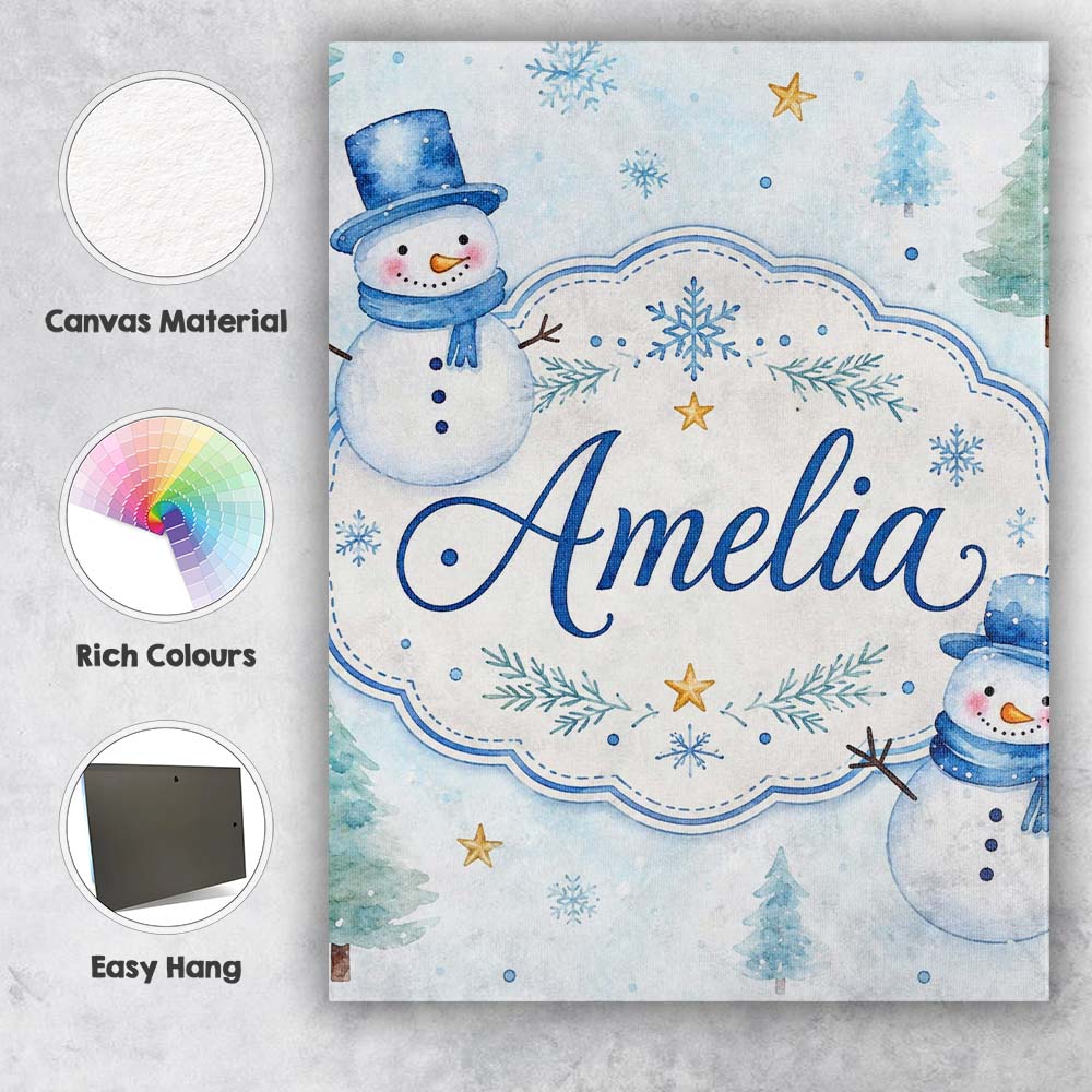 Personalised Name Cute Snowman Winter Trees Custom  Bespoke Interior Contemporary Canvas Wall Art Print Decor Picture Ready to Hang