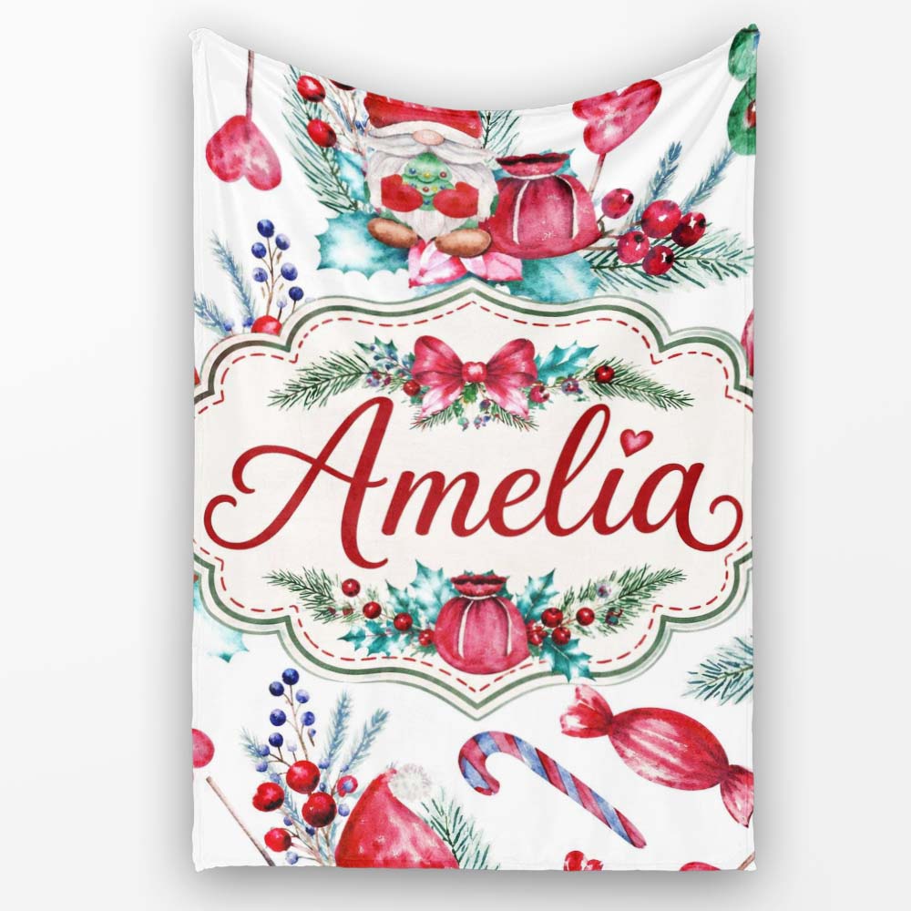Watercolor Christmas Gnome Candy Cane Tree Hearts Festive Seamless  Personalised Custom Name Super Soft Fleece Blanket Bed Sofa Throw