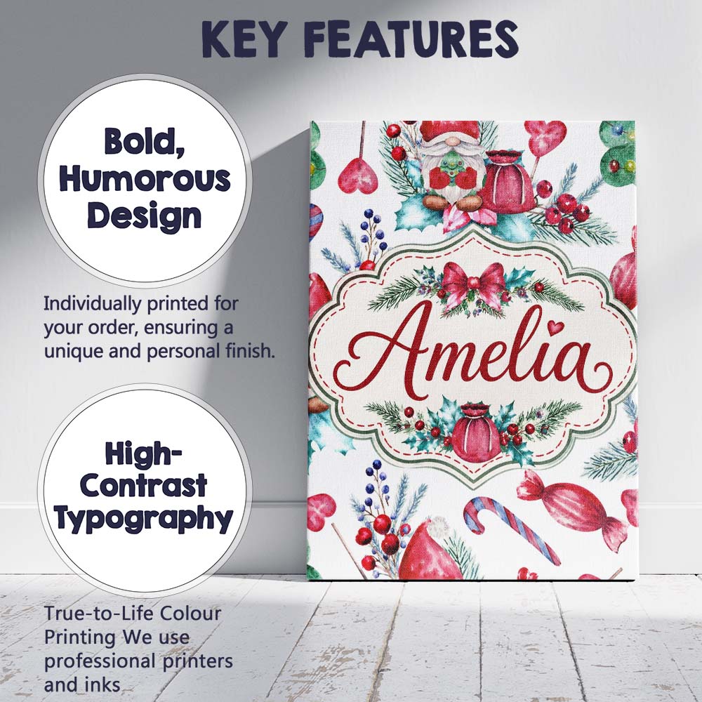 Personalised Name Watercolor Christmas Custom  Modern Room Accent Elegant Feature Canvas Wall Art Print Decor Picture Ready to Hang