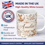 Personalized Custom Name Cute Watercolor Fox with Floral Leaves Seamless Pattern Lovely 11oz Ceramic Coffee Tea Mug White Large Handle
