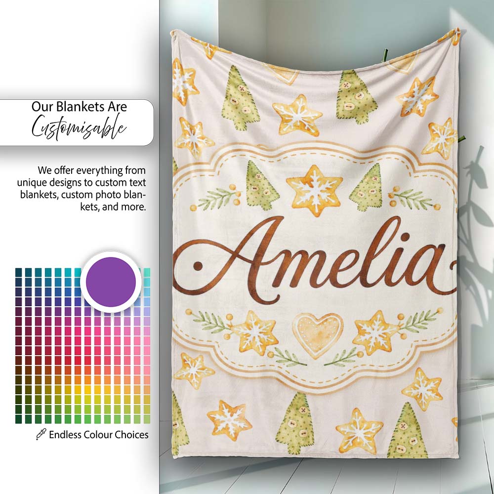 Watercolor Christmas Cookies Stars Hearts Trees Festive Seamless  Personalised Custom Name Super Soft Fleece Blanket Bed Sofa Throw