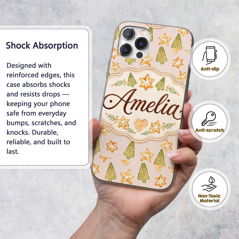 Watercolor Christmas Cookies Stars Hearts Trees Custom Name Protective Phone Case Mobile Cover Durable Everyday Smartphone Shock Resistant