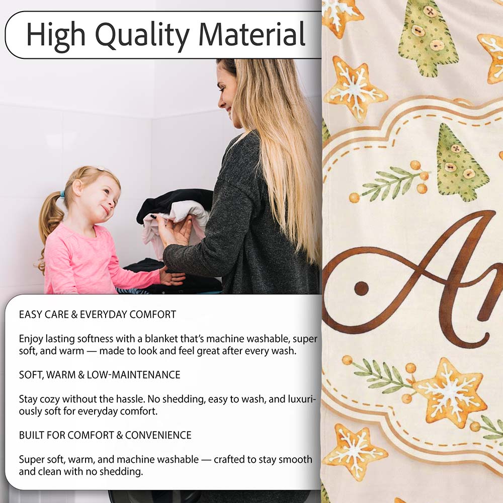 Watercolor Christmas Cookies Stars Hearts Trees Festive Seamless  Personalised Custom Name Super Soft Fleece Blanket Bed Sofa Throw