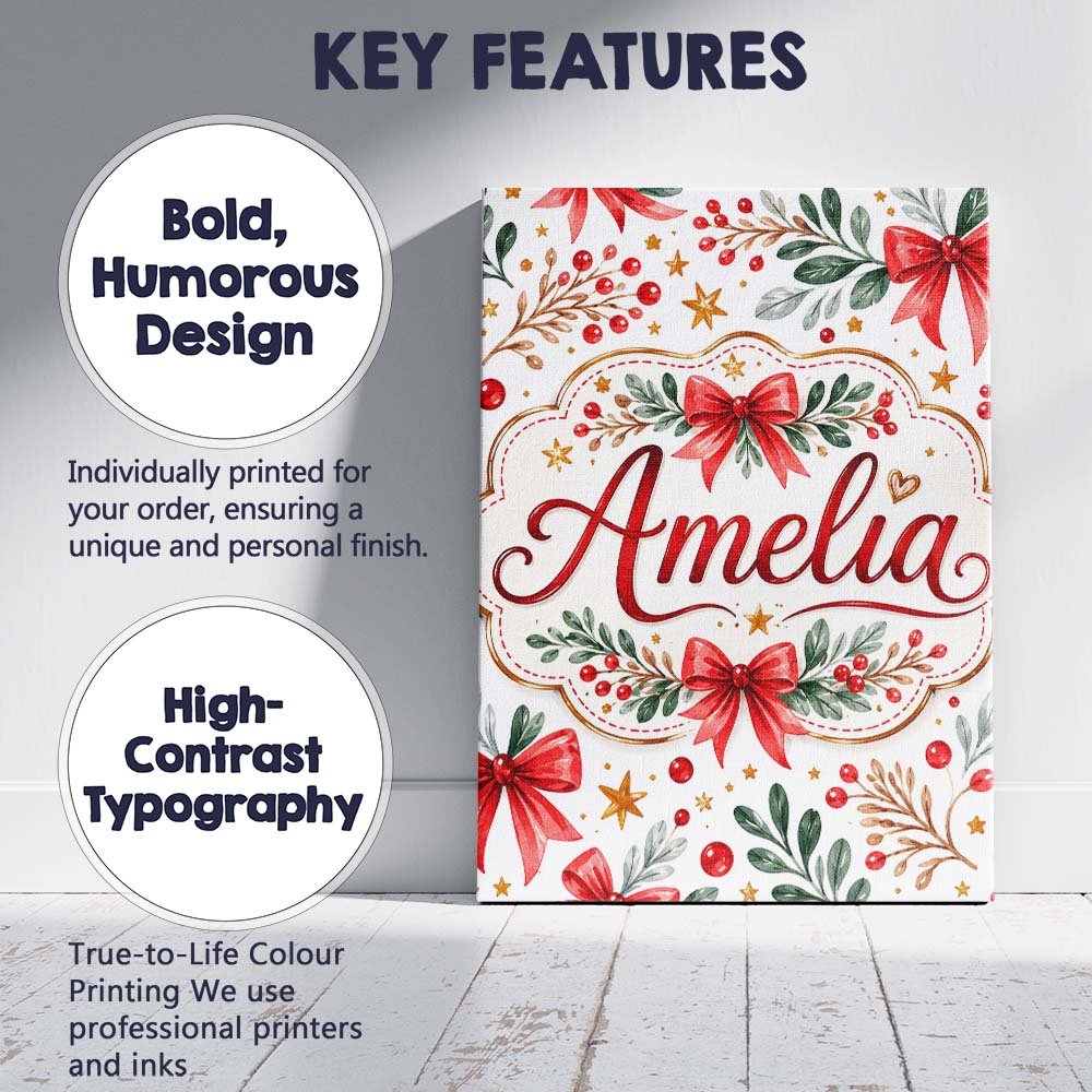 Personalised Name Elegant Christmas Bows Custom  Interior Decorative Contemporary Canvas Wall Art Print Decor Picture Ready to Hang