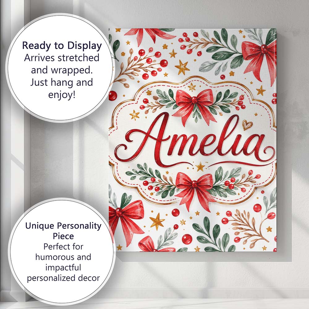 Personalised Name Elegant Christmas Bows Custom  Interior Decorative Contemporary Canvas Wall Art Print Decor Picture Ready to Hang