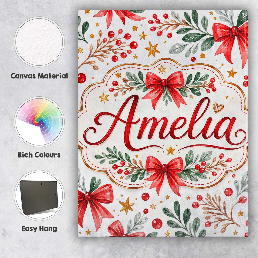 Personalised Name Elegant Christmas Bows Custom  Interior Decorative Contemporary Canvas Wall Art Print Decor Picture Ready to Hang