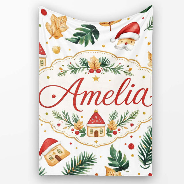 Festive Christmas Leaves Santa Houses Baubles Watercolor Seamless  Personalised Custom Name Super Soft Fleece Blanket Bed Sofa Throw