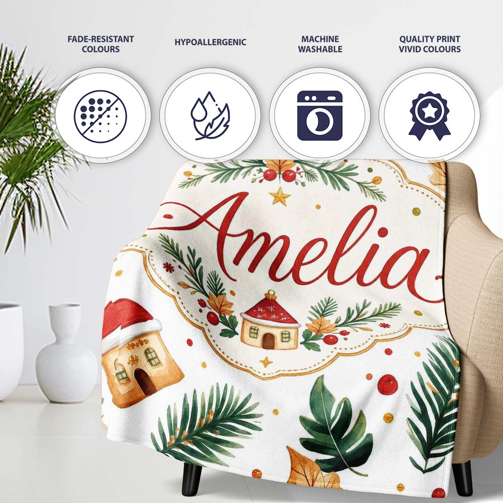 Festive Christmas Leaves Santa Houses Baubles Watercolor Seamless  Personalised Custom Name Super Soft Fleece Blanket Bed Sofa Throw