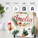 Festive Christmas Leaves Santa Houses Baubles Watercolor Seamless  Personalised Custom Name Super Soft Fleece Blanket Bed Sofa Throw